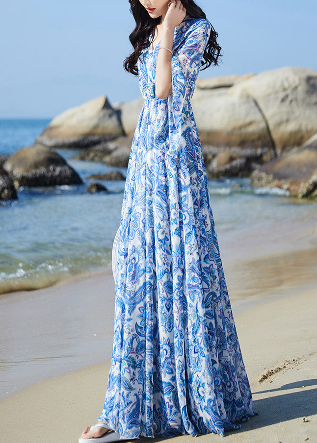 Blue V Neck Print Elastic Waist Chiffon Vacation Maxi Dresses Flare Sleeve Ly1697