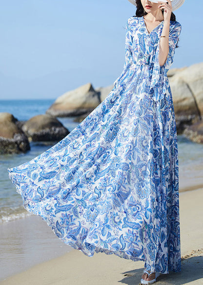 Blue V Neck Print Elastic Waist Chiffon Vacation Maxi Dresses Flare Sleeve Ly1697