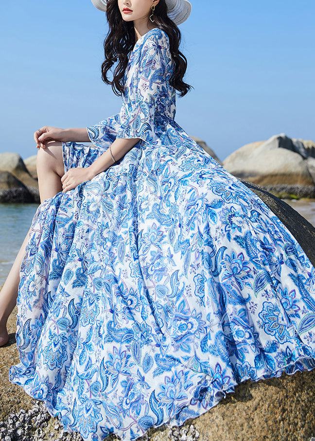Blue V Neck Print Elastic Waist Chiffon Vacation Maxi Dresses Flare Sleeve Ly1697