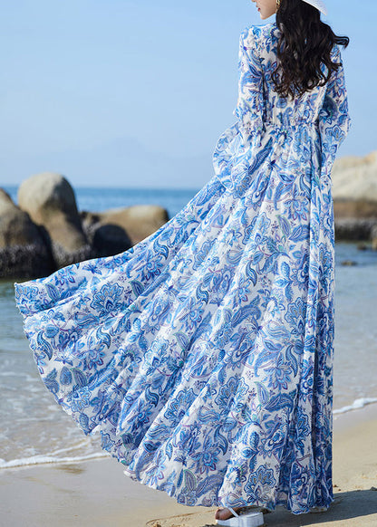 Blue V Neck Print Elastic Waist Chiffon Vacation Maxi Dresses Flare Sleeve Ly1697