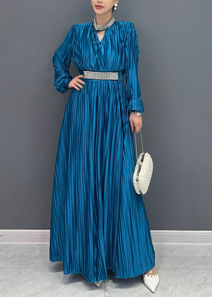 Blue V Neck Wrinkled Maxi Dress Long Sleeve Ao1037