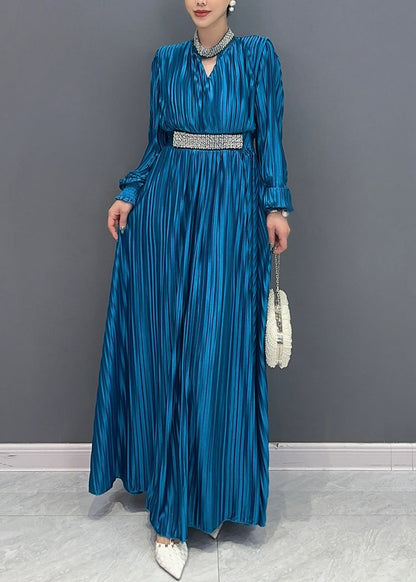 Blue V Neck Wrinkled Maxi Dress Long Sleeve Ao1037