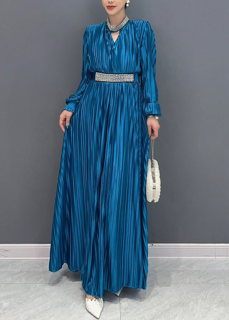 Blue V Neck Wrinkled Maxi Dress Long Sleeve Ao1037
