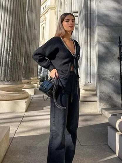 Bow Pearl Long Sleeve V Neck Loose Female Spring Black Soft Cardigan