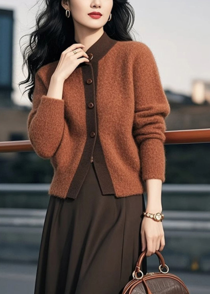 Brown Stand Collar Button Patchwork Knit Cardigans Spring To003