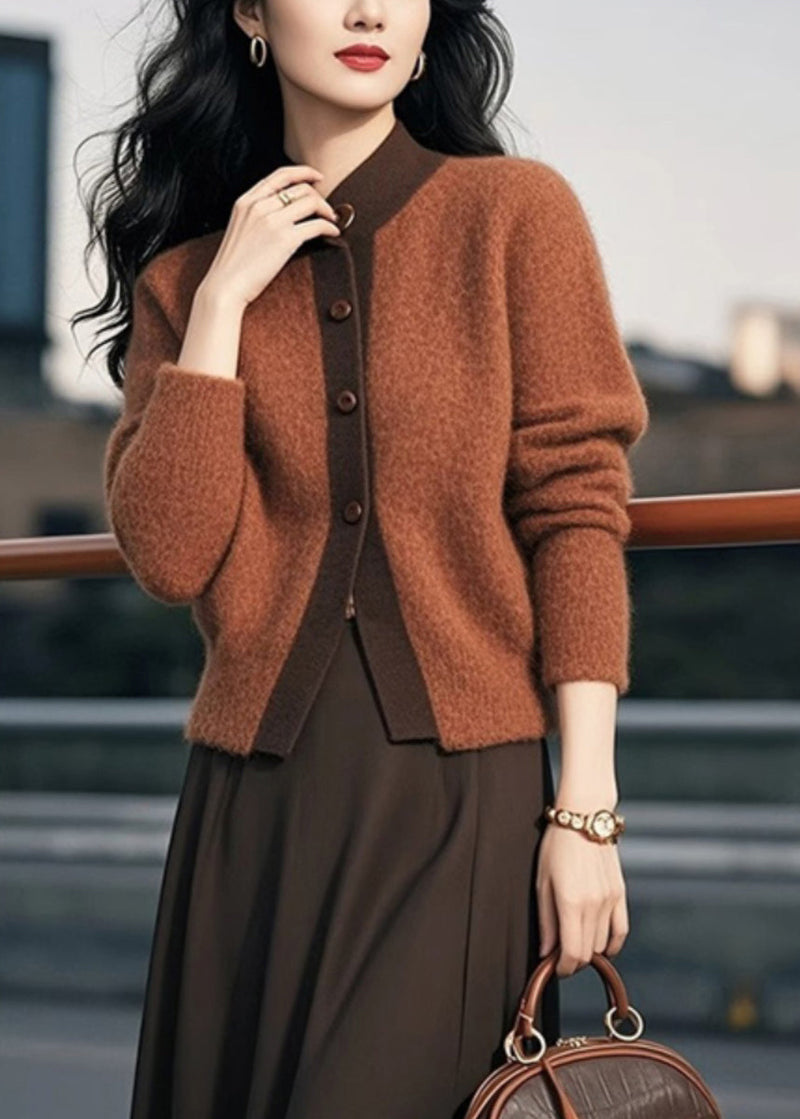 Brown Stand Collar Button Patchwork Knit Cardigans Spring To003