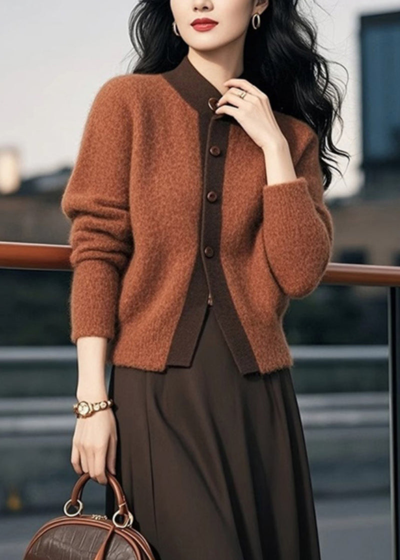 Brown Stand Collar Button Patchwork Knit Cardigans Spring To003