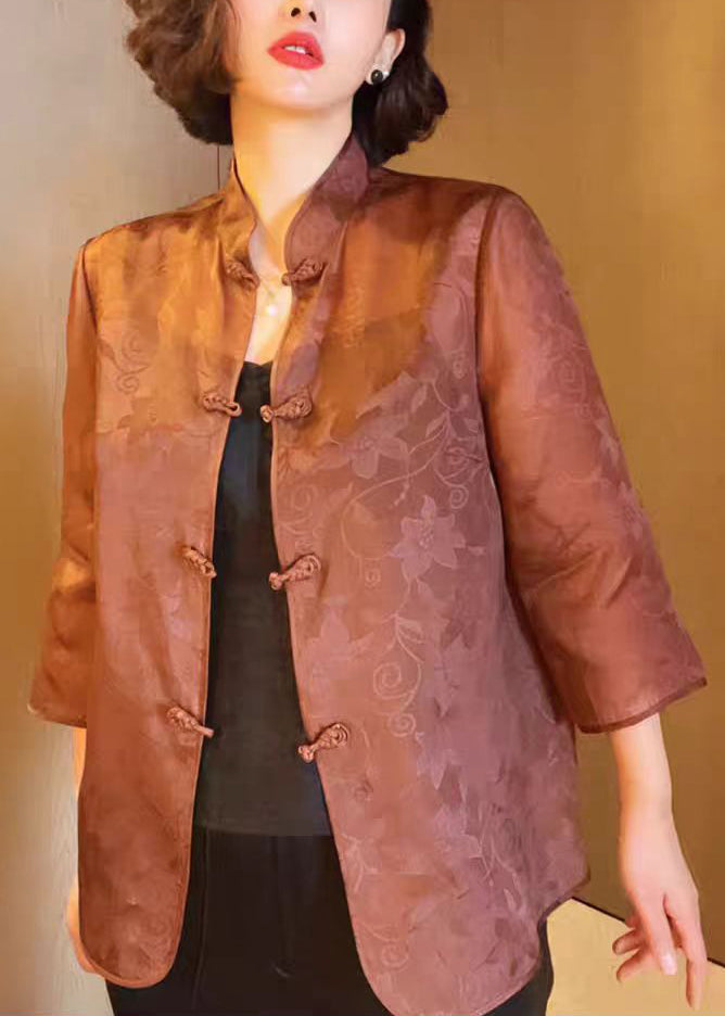 Brown Stand Collar Button Print Silk Blouses Summer Qa1070