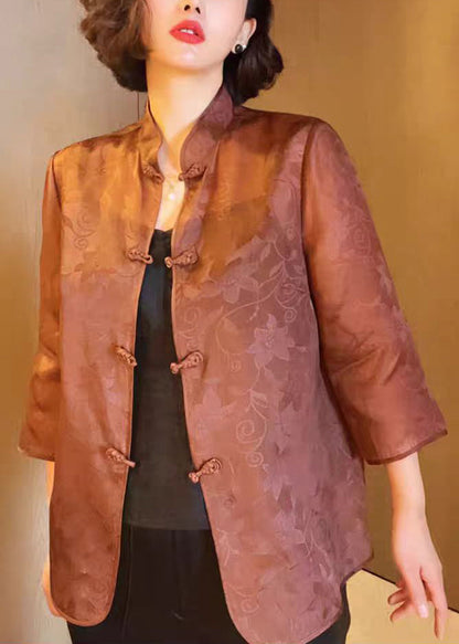 Brown Stand Collar Button Print Silk Blouses Summer Qa1070