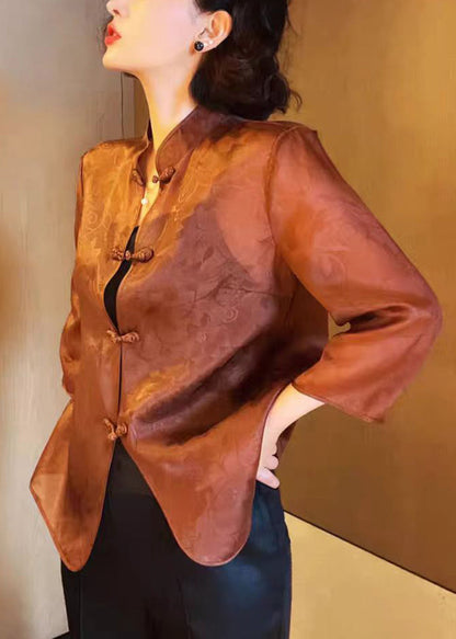 Brown Stand Collar Button Print Silk Blouses Summer Qa1070