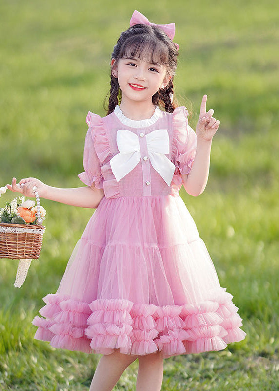 Champagne Bow Patchwork Button Tulle Long Dress Short Sleeve Ew032