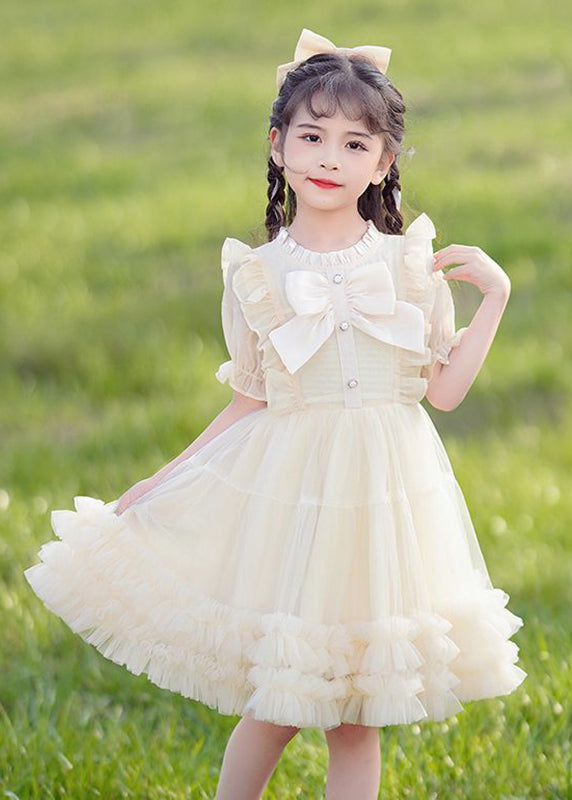 Champagne Bow Patchwork Button Tulle Long Dress Short Sleeve Ew032
