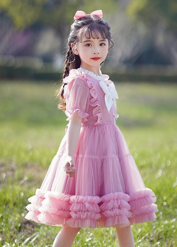 Champagne Bow Patchwork Button Tulle Long Dress Short Sleeve Ew032