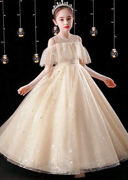 Champagne O-neck Patchwork Sequins Tulle Kids Maxi Dress Summer Xz039