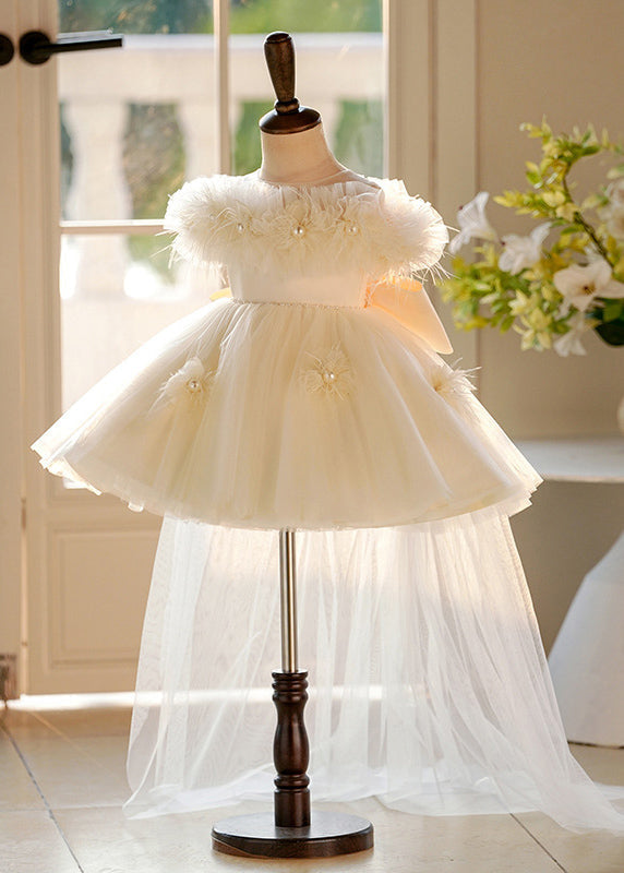 Champagne Pearl Tulle Kids Maxi Dresses Short Sleeve Yg017