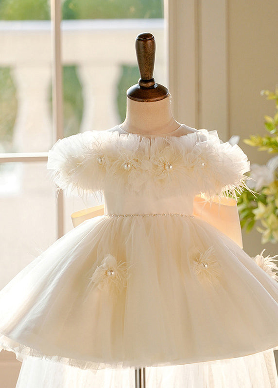 Champagne Pearl Tulle Kids Maxi Dresses Short Sleeve Yg017
