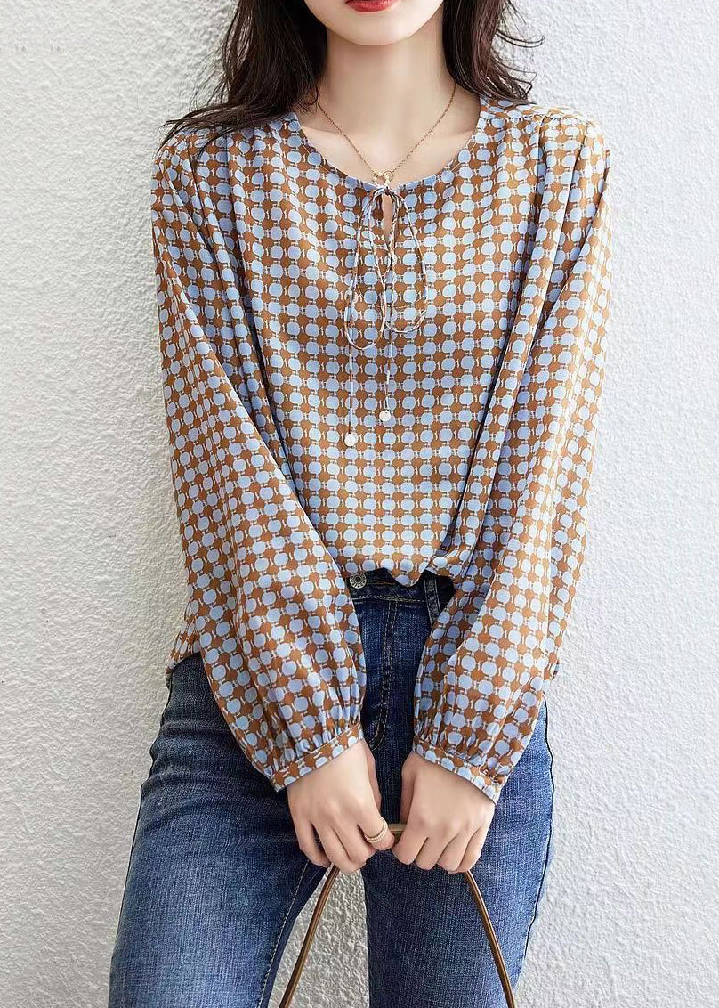 Coffee Print Lace Up Cotton Blouses Long Sleeve Re015