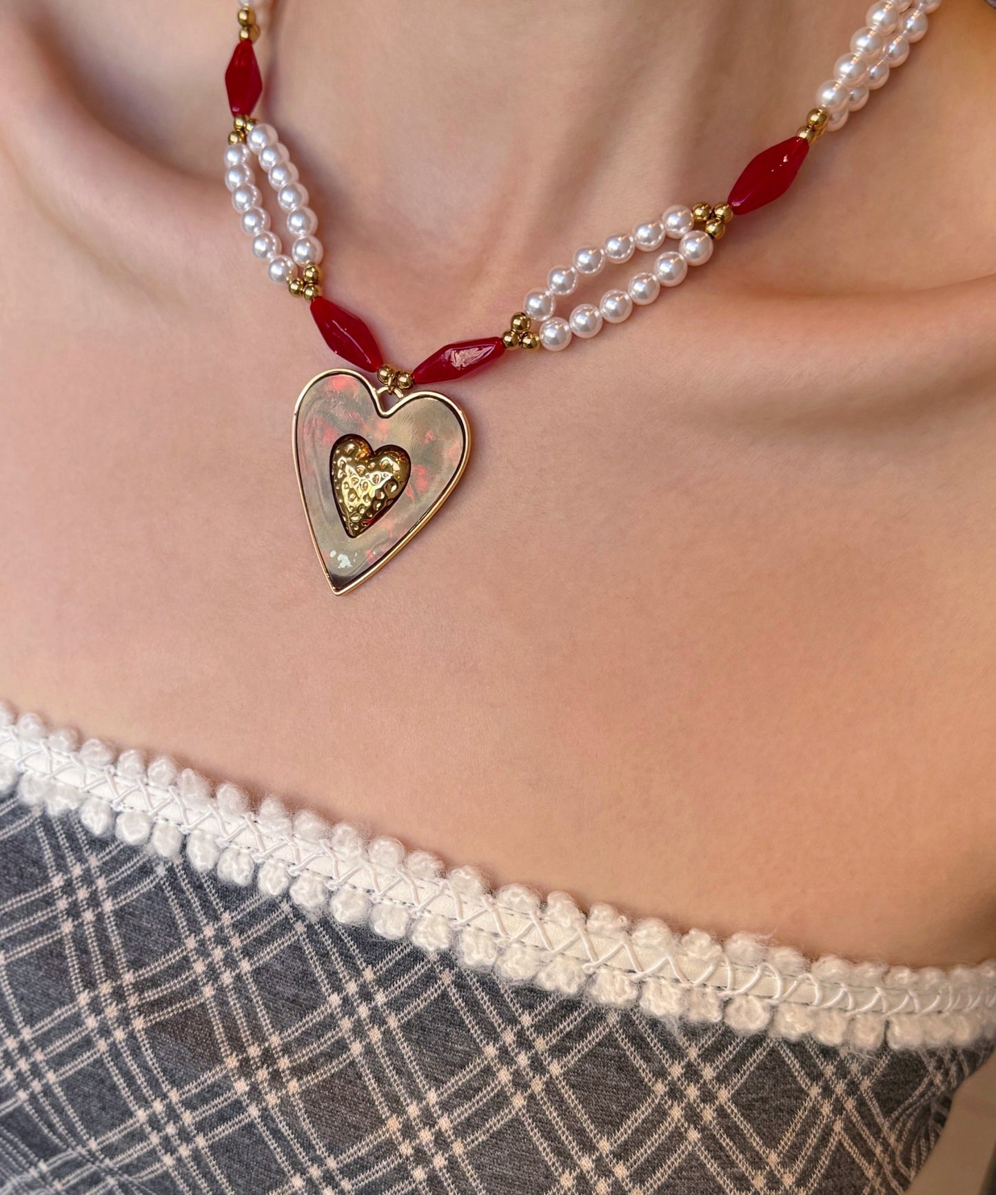 Colorblock Alloy Pearl Love Glass Bead Pendant Necklace