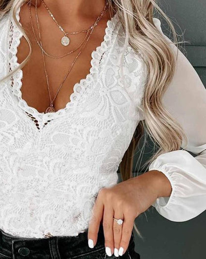 Contrast Mesh Long Sleeve Lace Top Woman Blouses Shirt