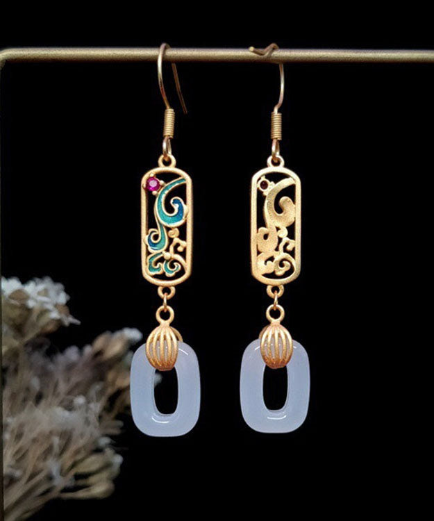 Gold Ancient Gold Jade Enamel Ping Buckle Drop Earrings