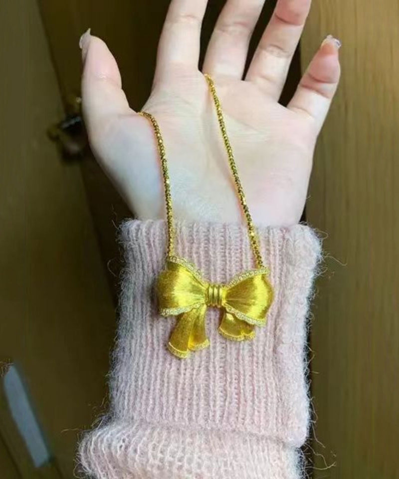 Gold Bow Zircon Pendant Necklace