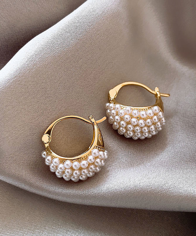 Gold Copper Alloy Pearl Hoop Earrings