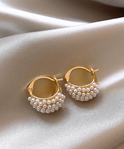 Gold Copper Alloy Pearl Hoop Earrings