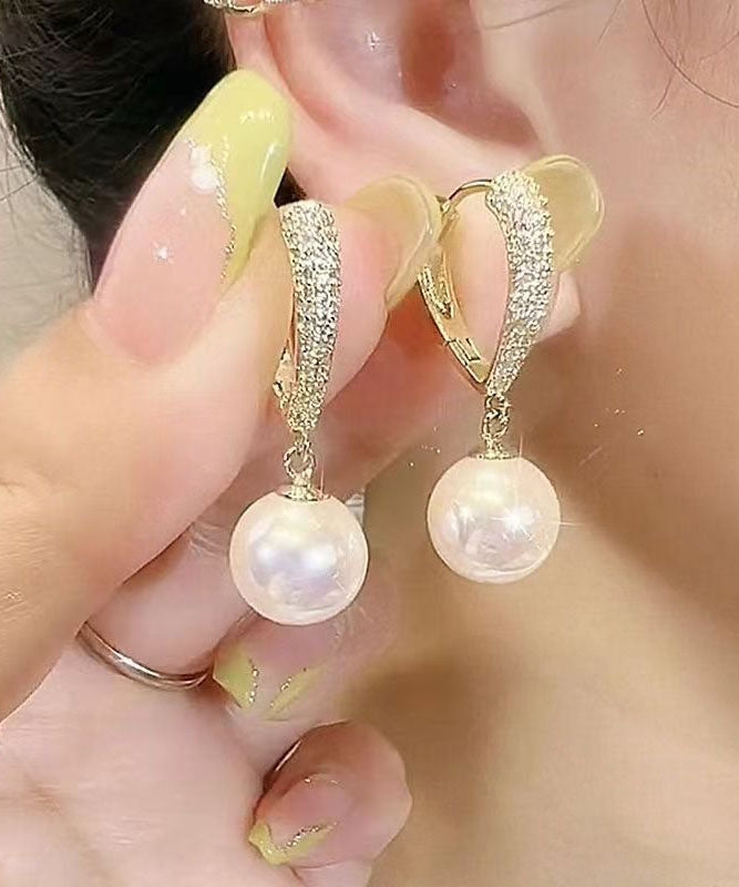 Gold Sterling Silver Alloy Inlaid Zircon Love Pearl Hoop Earrings