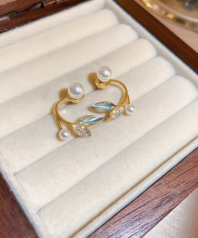 Gold Sterling Silver Alloy Zircon Pearl Leaves Hoop Earrings