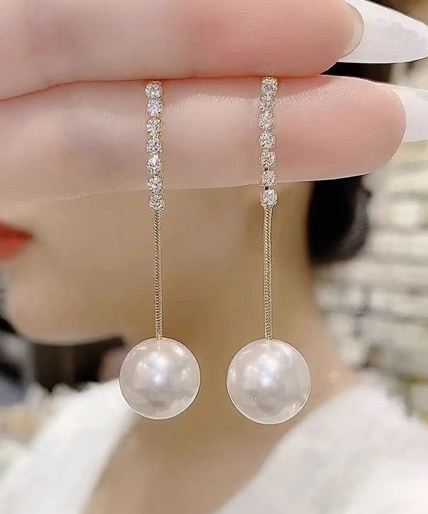 Gold Sterling Silver Overgild Zircon Pearl Tassel Drop Earrings