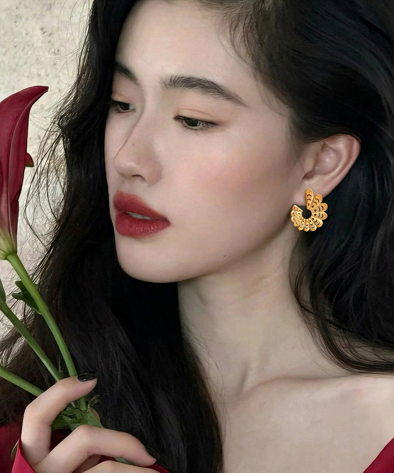 Golden Hollow Out Fan-shaped Metal Stud Earrings