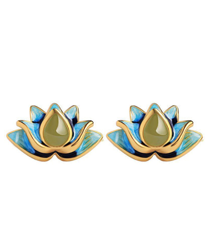 Gradient Color Blue Sterling Silver Jade Enamel Lotus Stud Earrings