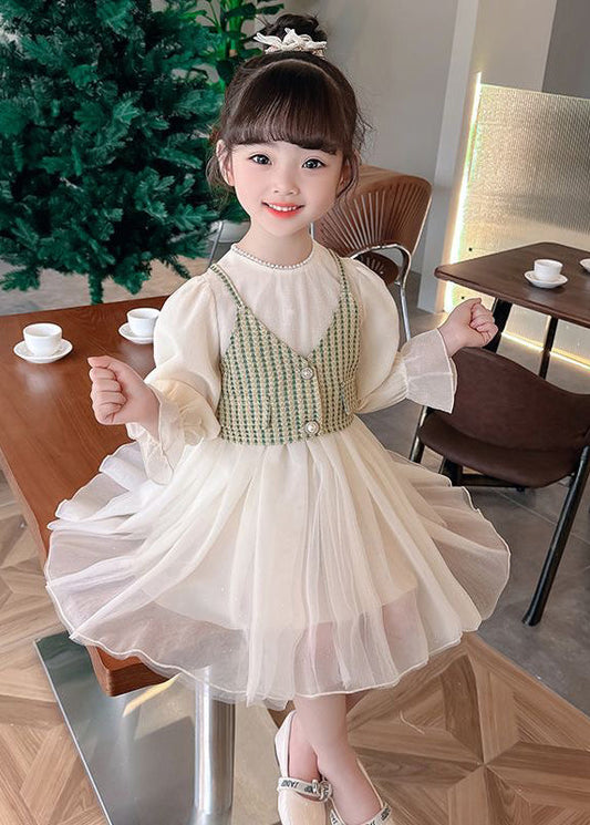 Green Button Waistcoat and Dress Tulle Kids Two Pieces Set Fall Xz075