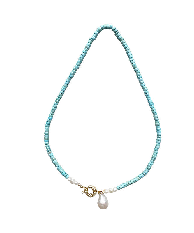 Green Copper Turquoise Pearl Pendant Necklace