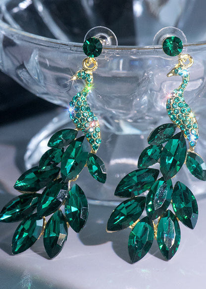Green Crystal Peacock Flaunting Its Tail Drop Earrings