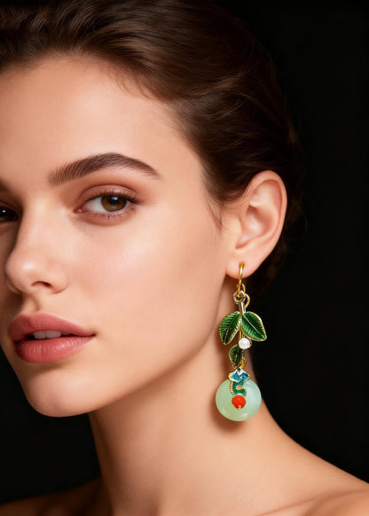 Green Leaf Metal Fine Circular Jade Drop Earrings