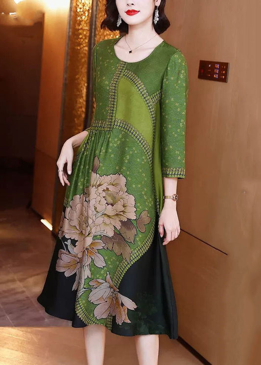 Green O Neck Print Patchwork Silk Long Dresses Spring Op1080
