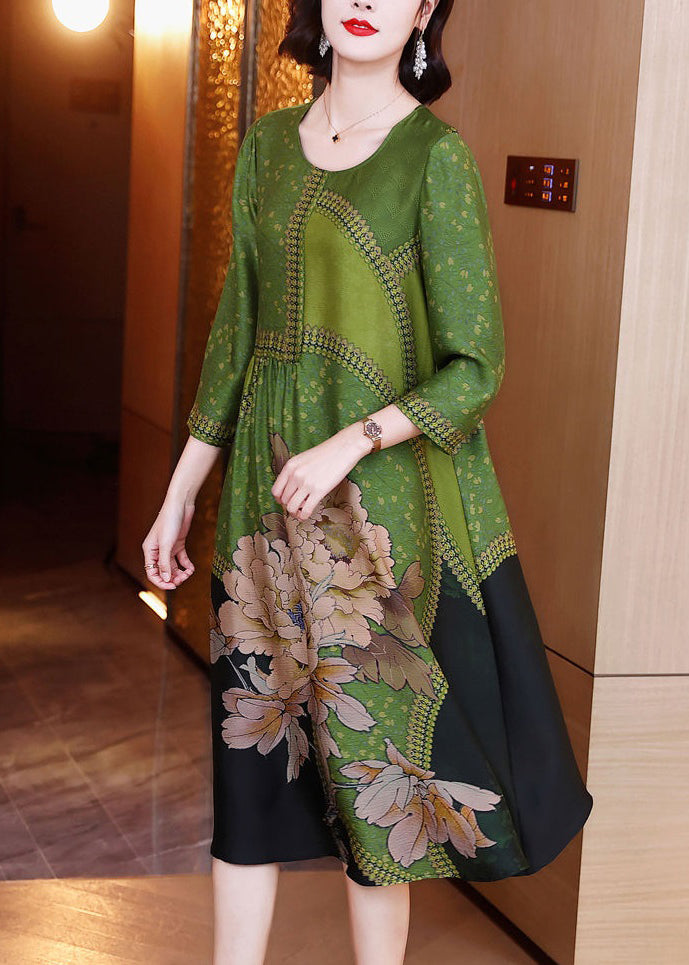 Green O Neck Print Patchwork Silk Long Dresses Spring Op1080
