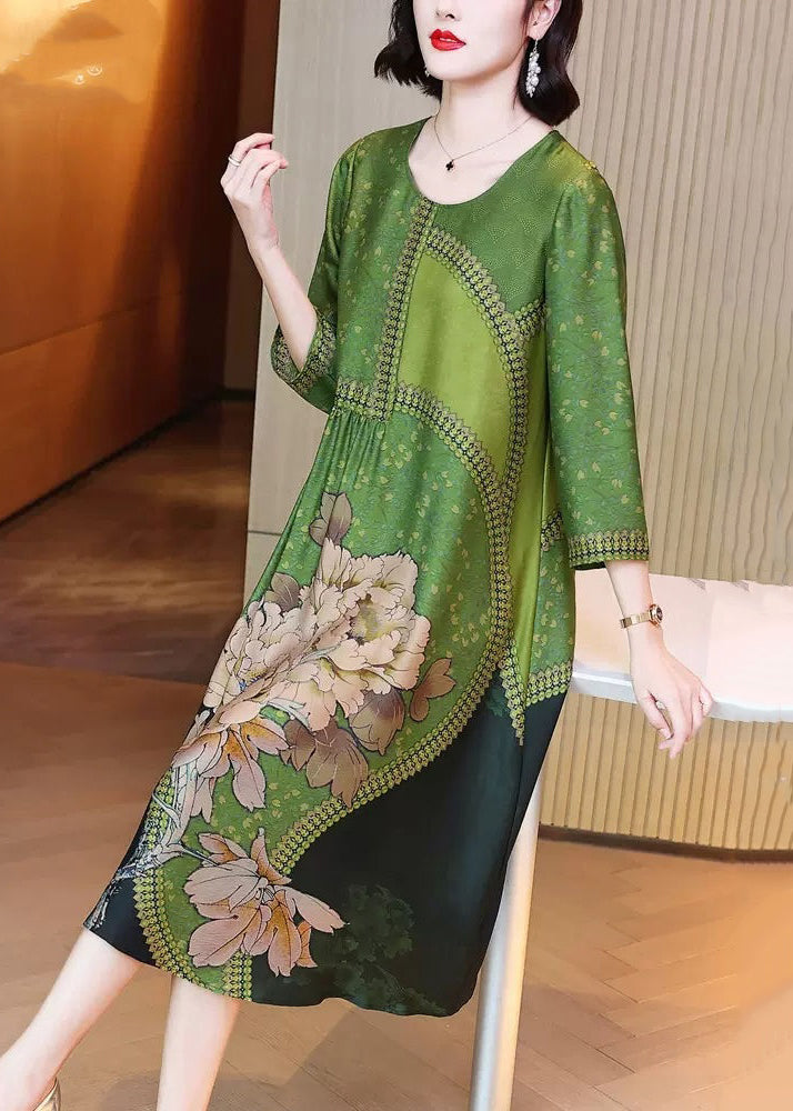 Green O Neck Print Patchwork Silk Long Dresses Spring Op1080
