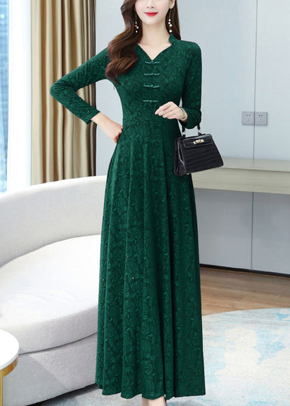 Green Print Chinese Button Cotton Long Dresses Oo027