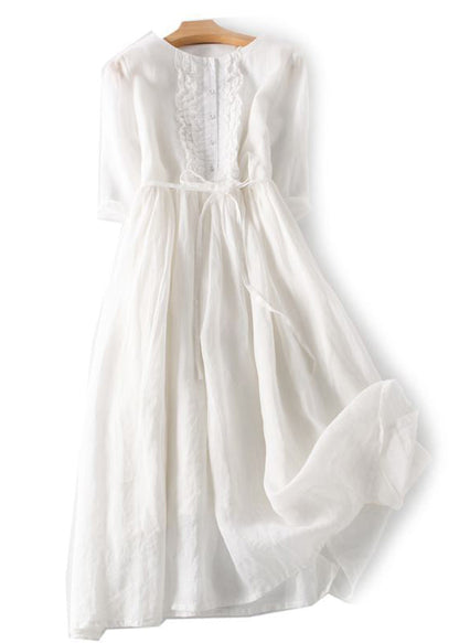Green Ruffled Button Tie Waist Cotton Long Dress Half Sleeve Qa030