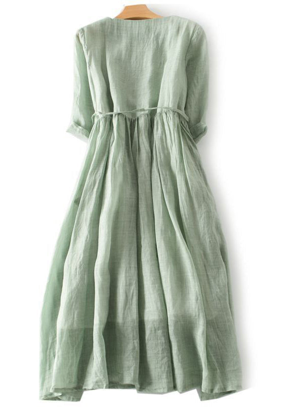 Green Ruffled Button Tie Waist Cotton Long Dress Half Sleeve Qa030