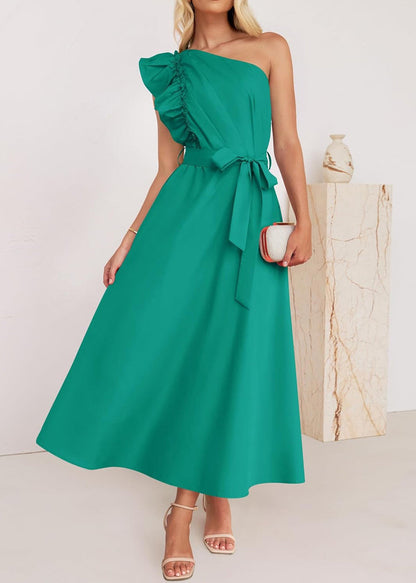 Green Ruffled Tie Waist Cotton Long Dress Summer Bb059