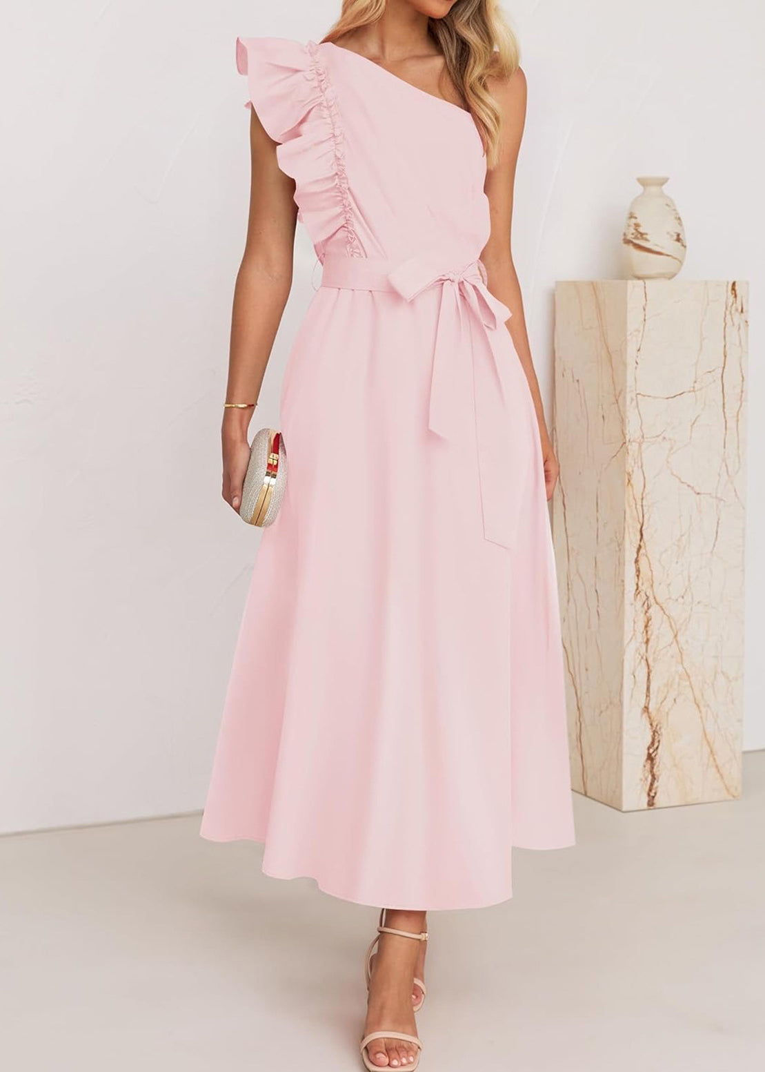 Green Ruffled Tie Waist Cotton Long Dress Summer Bb059