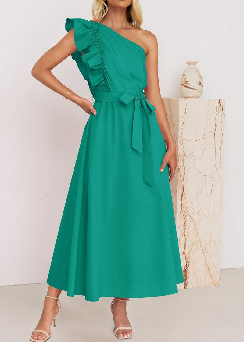Green Ruffled Tie Waist Cotton Long Dress Summer Bb059