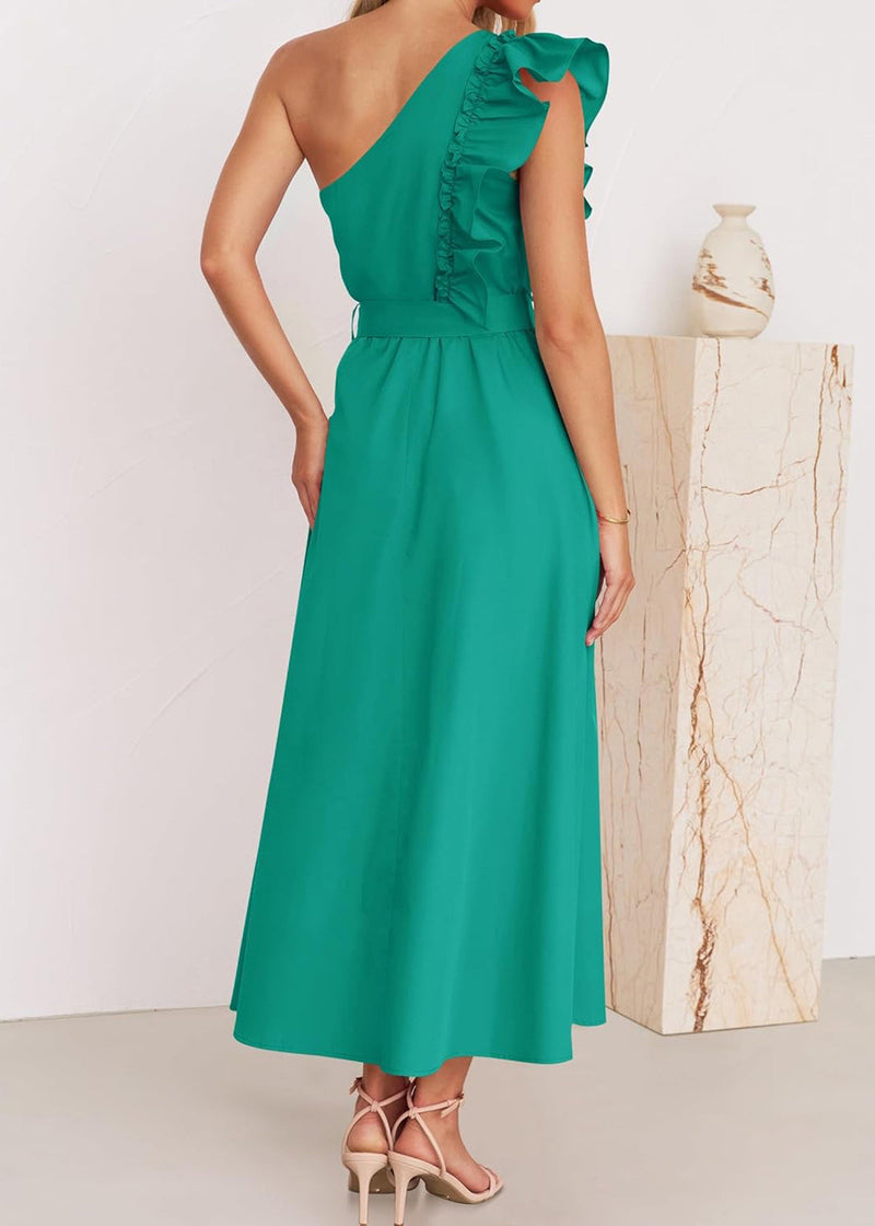 Green Ruffled Tie Waist Cotton Long Dress Summer Bb059