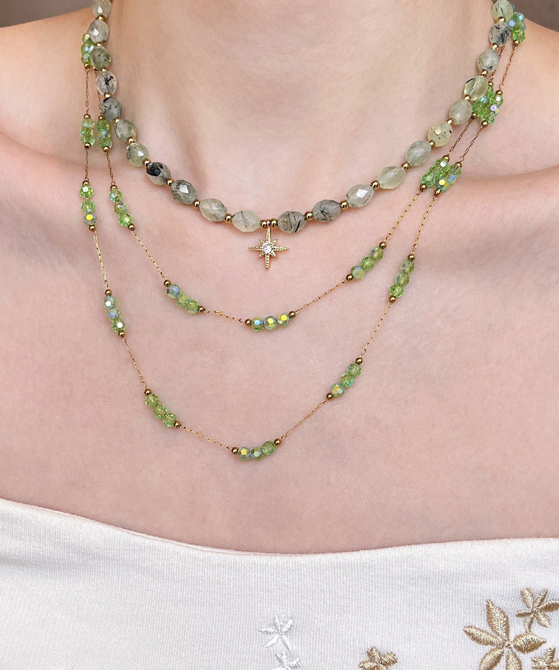 Green String Beads Layering Alloy Two Piece Set Necklace