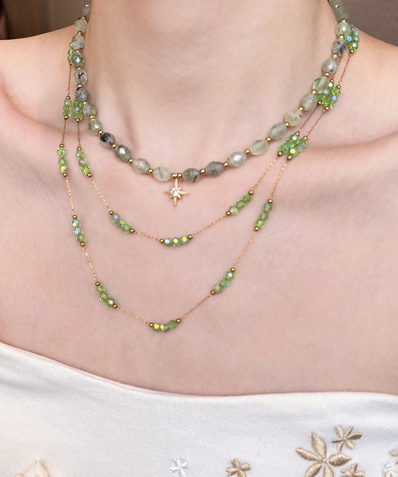 Green String Beads Layering Alloy Two Piece Set Necklace