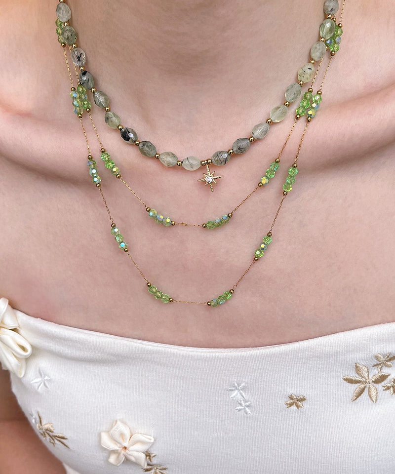 Green String Beads Layering Alloy Two Piece Set Necklace
