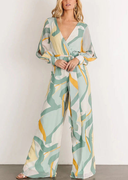Green V Neck Print Chiffon Jumpsuit Long Sleeve Au1007